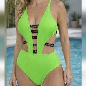 Bebe Lime Green Cutout Swimsuit with Black Straps Size L.